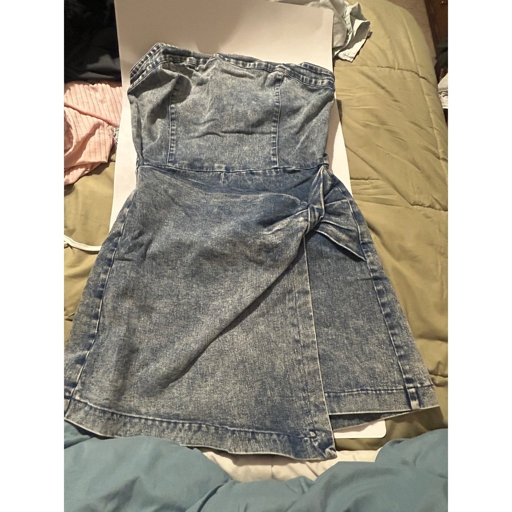 Flying Tomato Women Acid Wash Denim Strapless Skort Romper Blue Side Tie Large - Picture 3 of 8